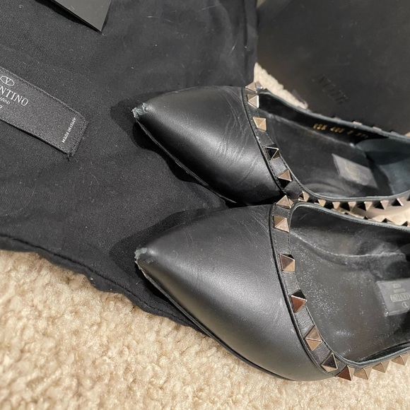 Valentino Noir Matte Black Gunmetal Rockstud Pointed Toe Flats Sz 37.5 - Picture 10 of 11
